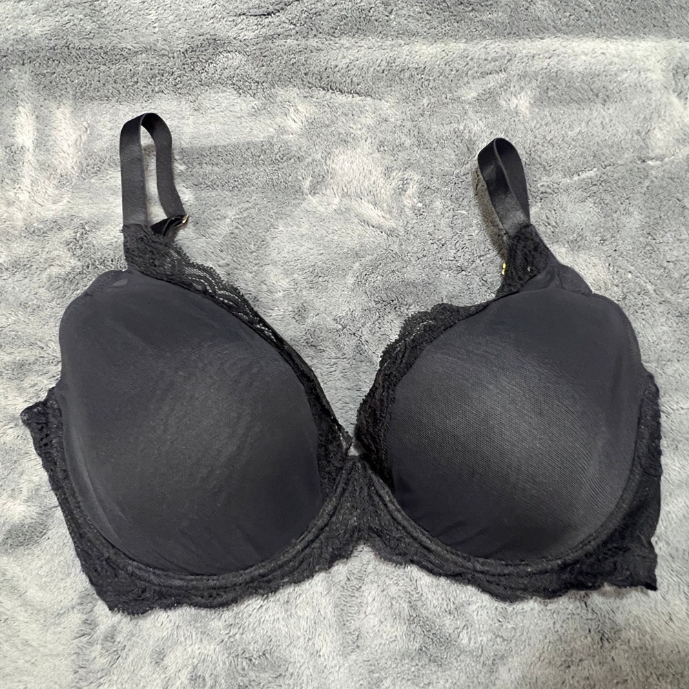 Natori 730023 Feathers Demi Plunge Black Padded Underwire Bra 32F Floral Lace